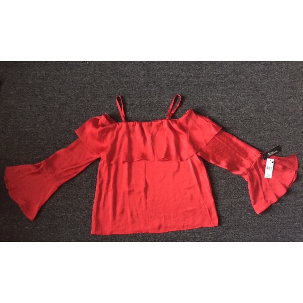 Open Shoulder Red Ruffle Long Sleeve Top